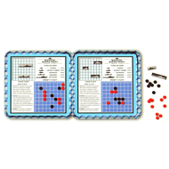 Magnetic Battlefield Fleet Game Open, Blue checkered squares with red and black circle pieces. Shows information regarding types of ships and how to play. 