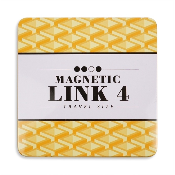 Magnetic Link 4 Travel Size printed in bold black with a light and dark yellow geometric pattern in background. 