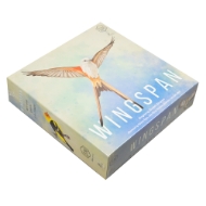 Wingspan game box, view of box from side with images of birds and Wingspan game name. 