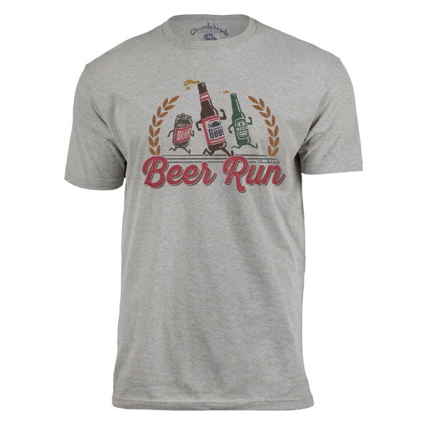 Gray T-shirt with caricatured beer bottles with arms and legs. Text under illustration reads "Beer Run."