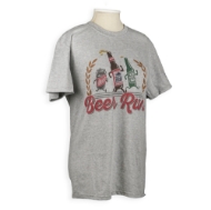 Gray T-shirt with caricature beer bottles with arms and legs. Text under illustration reads "Beer Run."