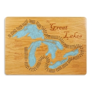 Natural wood Great Lakes Cribbage Board with light blue great lakes labeled with their names as well as information for each. Cribbage holes line around lakes.