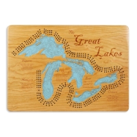 Natural wood Great Lakes Cribbage Board with light blue great lakes labeled with their names as well as information for each. Cribbage holes line around lakes.