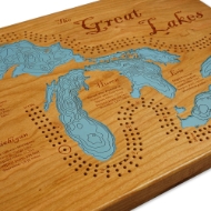 Zoomed in view of light blue lakes and holes for cribbage pegs. 