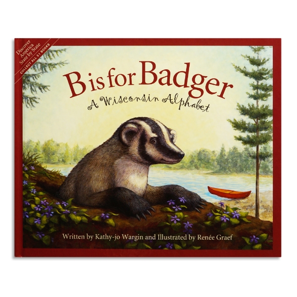B is for Badger Cover with red title and red book border featuring an illustrated badger in front of a lake.