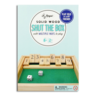 Shut the box game cover with the solid wood game with green felt interior and two white dice, in font of light blue background.