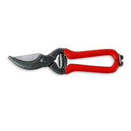 Pocked pruner with red handle and carbon steel blade.