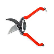 Pocket pruner is open with blade opened and handles separated.