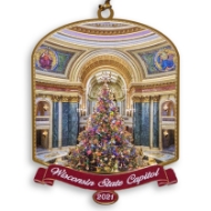 Wisconsin State Capitol 2021 ornament with evergreen tree in the capitol rotunda. The tree is fully ornamented.