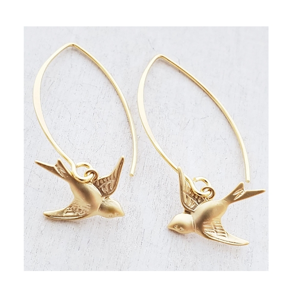 Two earrings with one small swallow each. Gold plated with modern shepherd hook for pierced ears.