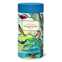 Round tube with vintage image of multiple bird species perched on tree branches. Tanacer, Bluebird, Baltimore Oriole, Robin, and Bluejay are labeled in front of a blue lake.