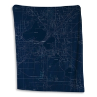 Dark blue fleece blanket with map of Madison, Wisconsin and lakes. 