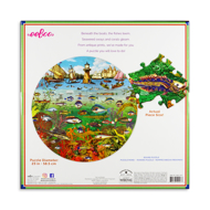Fish and Boats puzzle back of box showing completed puzzle seaside scene and several puzzle pieces.