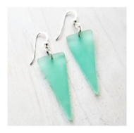 Two triangular sea glass earrings in autumn green color with shephard hooks