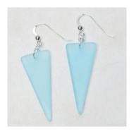 Two triangular sea glass earrings in turquoise color with shephard hooks.