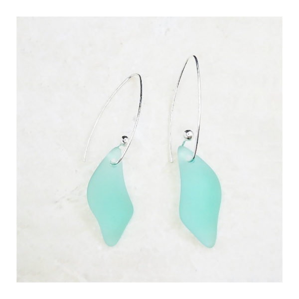 Two Marquis splash sea glass earrings with wavy shape. Autumn Green color with sterling silver ear wires.