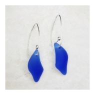 Two Marquis splash sea glass earrings with wavy shape. Cobalt blue color with sterling silver ear wires.