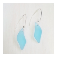 Two Marquis splash sea glass earrings with wavy shape. Turquoise color with sterling silver ear wires.