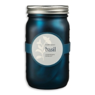 Blue Mason jar featuring basil label.