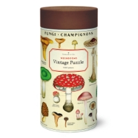 Canister holding puzzle of mushroom vintage images. 