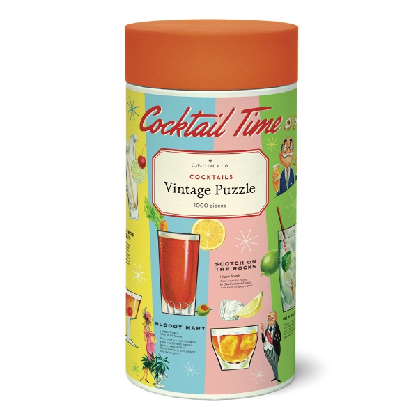 Canister holding puzzle of Cocktail Time puzzle featuring classic cocktail illustrations with vibrant pastel colors. 