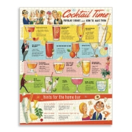 Cocktail Time puzzle, assembled, featuring colorful classic cocktail illustrations and recipes. 