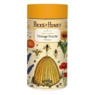 Canister holding puzzle with illustrations of honey bees, flowers, and a large hive.