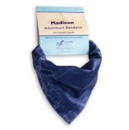 Madison lakes map bandana rolled up with packaging. Dark blue "blueprint style" with light blue packaging.