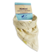 Madison lakes map bandana rolled up and with packaging. Tan "sea glass" style with light blue packaging.
