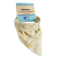 Madison lakes map bandana rolled up and with packaging. Tan "sea glass" style with light blue packaging.