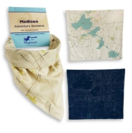 Sea Glass Bandana next to both of the bandana styles layed out. Square tan map with light blue lakes and then dark blue blueprint style map.