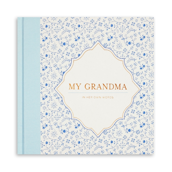 My Grandma journal cover with gold lettering and dark blue flower pattern. Hardcover spine is light blue.