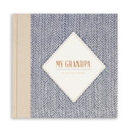 My Grandpa book cover with gold lettering and blue and white striped pattern. Book spine is light tan.
