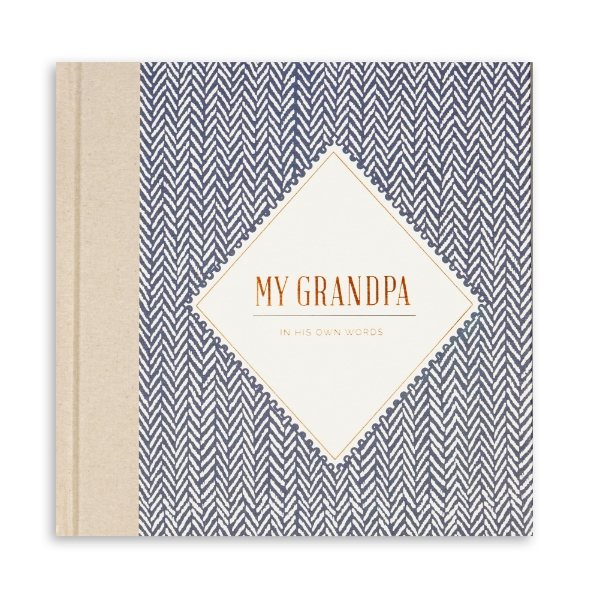 My Grandpa book cover with gold lettering and blue and white striped pattern. Book spine is light tan.