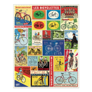 Assembled bicycle puzzle with the words "Les Bicyclettes" at the top and colorful, vintage advertising illustrations of bicycles. 