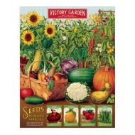 Puzzle canister holiding "Victory Garden" puzzle with colorful, vintage illustrations of fruits and vegatables. 
