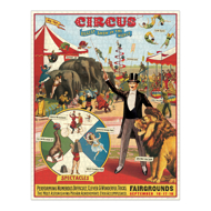Assembled circus puzzle with colorful, vintage illustrations of circus performers and animals.