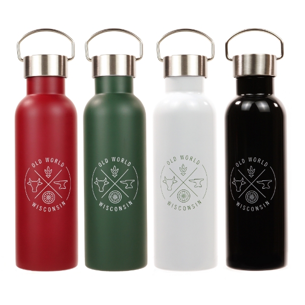 Four water bottles with Old World Wisconsin graphic on them. Colors left to right are maroon, forest green, white, and black.
