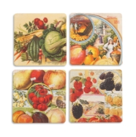 Four ceramic stone coasters with vintage produce illustrations