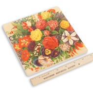 Square stone trivet with colorful vintage floral illustration and ruler showing 7" size.