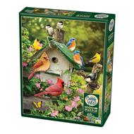 Summer Birdhouse puzzle box angled side view with 9 colorful birds sitting on and around a birdhouse in the country in summer. 