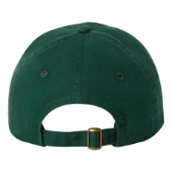 Back of baseball cap showing adjustable strap with metal buckle.