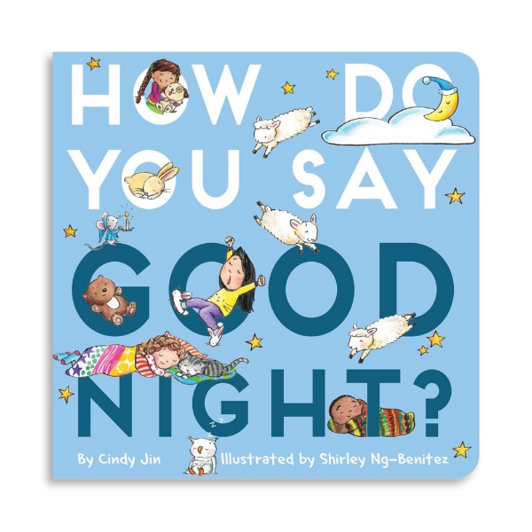 Book cover for "How Do You Say Good Night?" Light blue background with small illustrations of sheep and sleepy children.