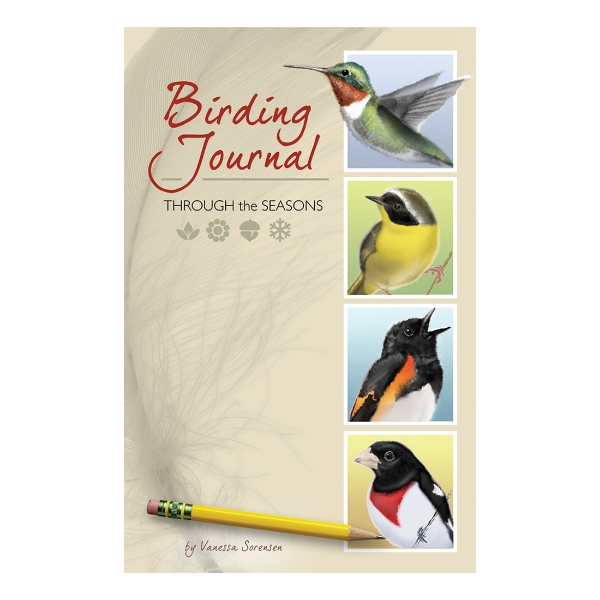 Birding Journal cover with four pictures of different birds and a pencil.