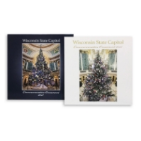 Box (dark blue) and booklet (white) for 2021 Wisconsin State Capitol Ornament