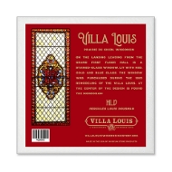 Back of box for the Villa Louis porcelain ornament. Text tells the story of how the ornament design is based on a stained glass window at Villa Louis.