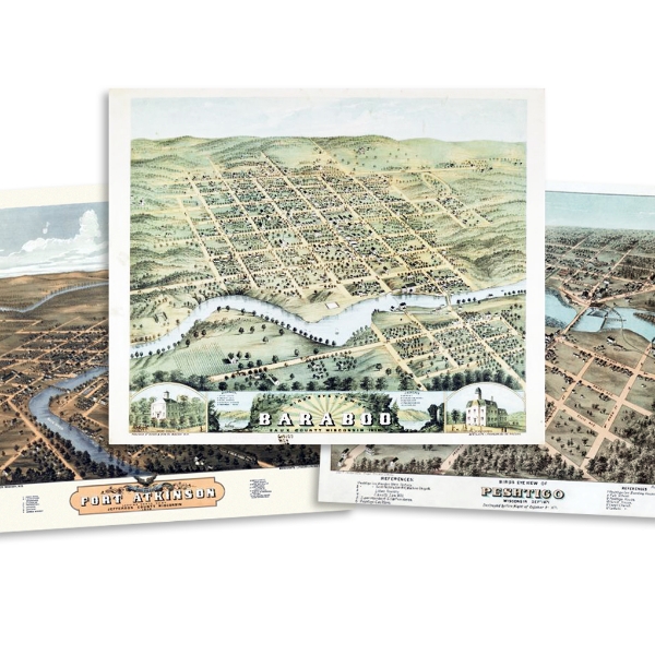 Three historic birds-eye view poster samples - Baraboo, Fort Atkinson, and Peshtigo.