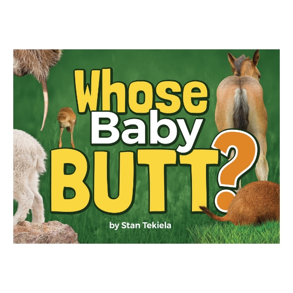 Front cover of "Whose Baby Butt" book showing several furry or feathery baby animal bottoms. The book's title in bold yellow.