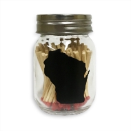 Small glass jar with tin screw cap top filled with matches. Black silhouette of Wisconsin on side of jar.