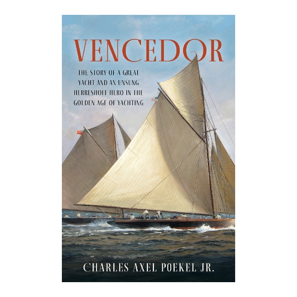 Cover shot of the book Vencedor with picture of the yacht racing with full sales. 